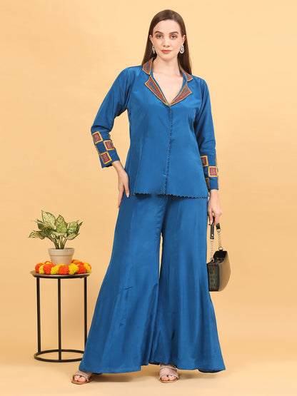 Blue Sharara and Jacket Set