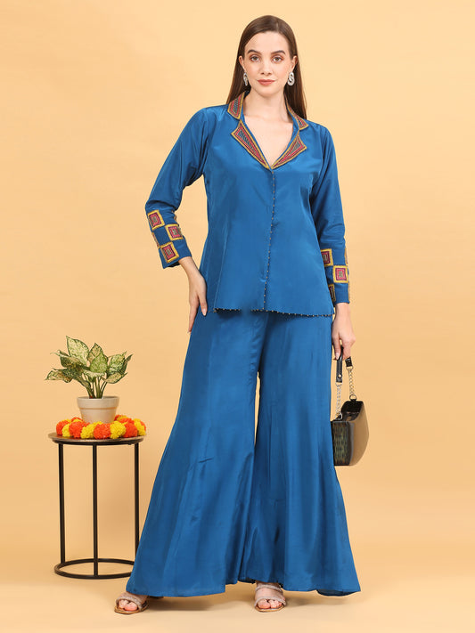 Blue Sharara and Jacket Set
