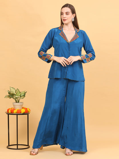 Blue Sharara and Jacket Set