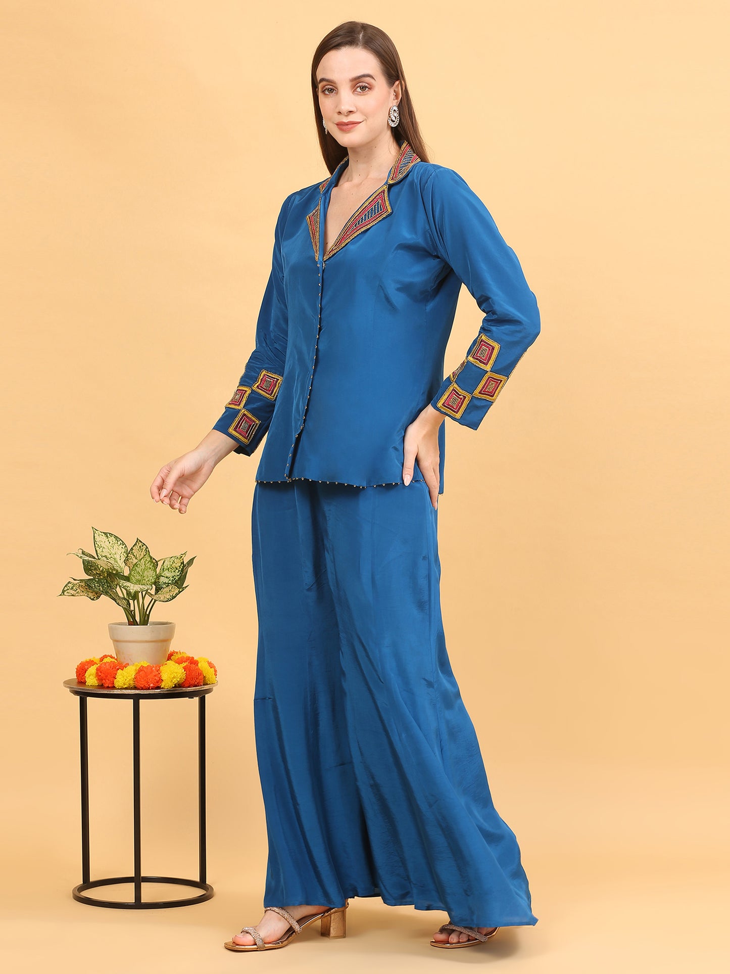 Blue Sharara and Jacket Set