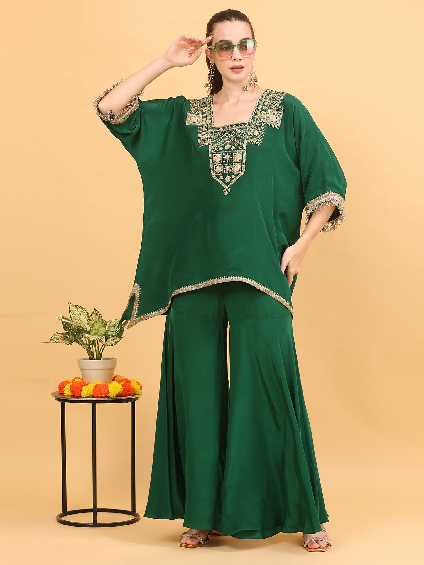 Green Kaftan and Sharara Set