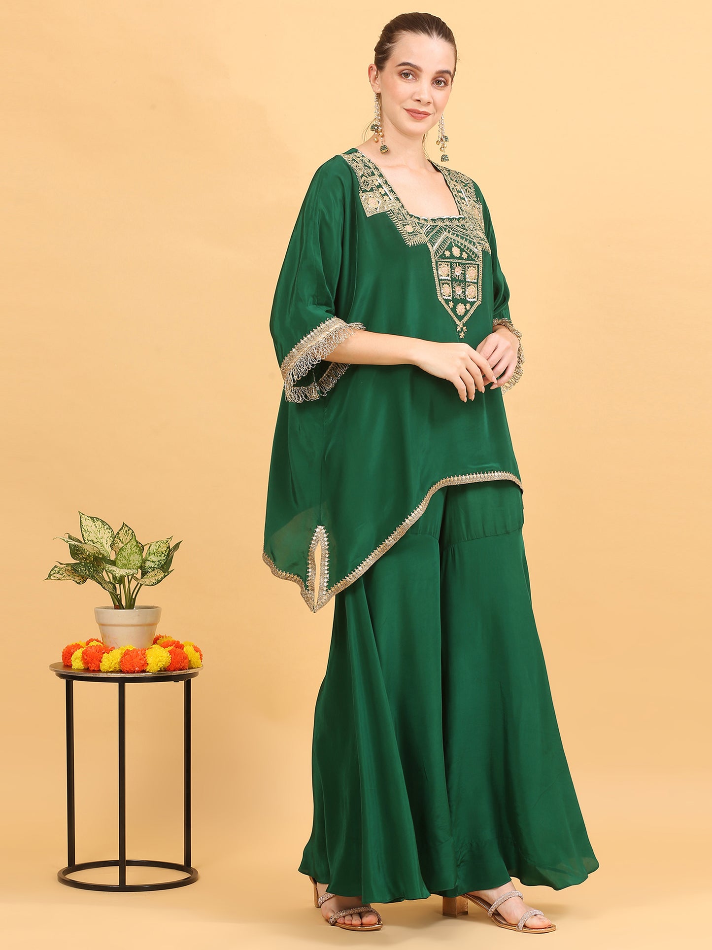 Green Kaftan and Sharara Set